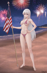 absurdres american_flag american_flag_bikini american_flag_print azur_lane beach bikini enterprise_(azur_lane) fireworks flag flag_print flag_print_bikini highres holding holding_flag landscape night night_sky oslight print_bikini sky swimsuit water