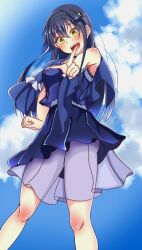 1girl :d absurdres ass black_camisole black_choker black_hair black_hairband black_skirt blue_capelet blue_sky blush bone_hair_ornament camisole capelet choker clenched_hand cloud commentary_request dap_8492 day eyelashes feet_out_of_frame floating_hair frilled_capelet frills hair_between_eyes hair_ornament hairband hand_up happy highres index_finger_raised kushima_kamome long_hair looking_at_viewer open_mouth outdoors pointing pointing_at_viewer ringed_eyes single_bare_shoulder skirt skull_and_crossbones skull_hair_ornament sky smile solo standing straight_hair summer_pockets teeth thighs upper_teeth_only yellow_eyes