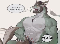 2boys abs bara beard blush chest_tuft colored_sclera cropped dragon dragon_boy eastern_dragon english_text facial_hair fangs fellatio furry furry_male hand_on_another&#039;s_head heart heavy_breathing highres k0bit0wani large_pectorals male_focus multiple_boys muscular muscular_male nipples open_mouth oral original pectorals pubic_hair saliva saliva_trail simple_background sweatdrop tail tail_wagging thick_eyebrows yaoi yellow_sclera