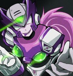 Rule 34 | 1boy, absurdres, armor, chest jewel, commentary, forehead jewel, glowing, helmet, highres, long hair, male focus, mega man (series), mega man x (series), meshiuma0x, ponytail, purple armor, purple hair, purple helmet, sharp teeth, shoulder armor, solo, symbol-only commentary, teeth, tongue, tongue out, upper body, zero nightmare (mega man)