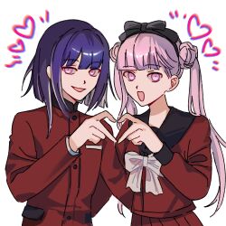 1boy 1girl :d black_bow black_hairband black_sailor_collar bow bow_hairband bowtie brother_and_sister colored_skin double_bun four-finger_heart_hands gakuran hair_bun hairband heart heart_hands heart_hands_duo highres jacket kaomogudezjiang long_hair looking_at_viewer open_mouth pink_eyes pink_hair pleated_skirt purple_hair red_jacket red_serafuku red_shirt red_skirt sailor_collar school_uniform serafuku shirt short_hair siblings skirt smile the_hundred_line_-last_defense_academy- tsukumo_ima tsukumo_kako twins twintails white_bow white_bowtie
