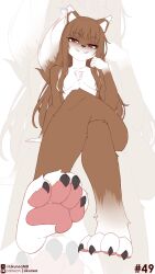1girl absurdres animal_ears breasts brown_hair commentary completely_nude crossed_legs english_commentary feet foot_focus foreshortening full_body furry furry_female grin hair_censor highres holo invisible_chair likunea long_hair looking_at_viewer nude paid_reward_available patreon_logo patreon_username presenting_foot red_eyes sitting small_breasts smile smug soles solo spice_and_wolf tail toes twitter_username twitter_x_logo unfinished wolf_ears wolf_girl wolf_tail zoom_layer