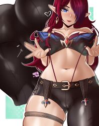 1girl absurdres artist_name ass asymmetrical_legwear belt blue_eyes chasca_(genshin_impact) commentary english_commentary genshin_impact heart highres jewelry mashiaka navel pointy_ears red_hair thighs
