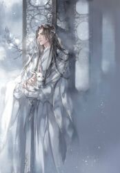 1boy animal black_hair branch brown_hair chinese_clothes closed_mouth faux_traditional_media flower hanfu headband holding holding_animal holding_rabbit ink_wash_painting kcllzas163 lan_wangji lattice long_hair long_sleeves looking_up male_focus modao_zushi outdoors rabbit robe sleeves_past_wrists snow snowing solo standing third-party_source tree white_flower white_hanfu white_headband white_rabbit_(animal) white_robe white_theme wide_sleeves winter