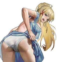 1girl armpits ass ass_focus bare_shoulders bent_over blonde_hair blue_dress blue_eyes blush braid braided_ponytail breasts clothes_lift commentary darkness_(konosuba) dress dress_lift from_behind hair_ornament high_ponytail highres kono_subarashii_sekai_ni_shukufuku_wo! lifting_own_clothes long_hair looking_at_viewer looking_back medium_breasts niud open_mouth panties ponytail presenting presenting_ass simple_background sleeveless sleeveless_dress solo thighs underwear white_background white_panties x_hair_ornament