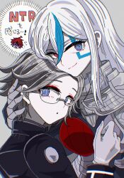 1girl 2boys :o ahoge aotsuki_eito armor blue_streaks eyeliner facial_mark gakuran glasses gloves grey_background grey_hair hand_on_another&#039;s_head hetero heterochromia highres last_defense_academy_school_uniform long_hair looking_at_viewer makeup multicolored_hair multiple_boys netorare purple_eyes red_eyeliner red_eyes red_hair school_uniform short_hair simple_background smile streaked_hair sumino_takumi the_hundred_line_-last_defense_academy- v&#039;ehxness white_gloves white_hair yoka