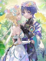 1boy 1girl alternate_headwear aqua_gemstone armor belt black_belt black_bodysuit black_bow black_corset black_shorts blonde_hair blue_flower blue_kimono blue_sleeves blue_trim blunt_ends bodysuit bow breasts bridal_gauntlets bush cape closed_mouth corset couple covered_collarbone cross-laced_clothes cross-laced_corset crystalfly_(genshin_impact) dress eyeliner eyeshadow feathers flower flower_wreath furisode gem genshin_impact gold_ring hair_flower hair_ornament hakama hakama_shorts hand_on_another&#039;s_back hand_up hetero highres hip_vent japanese_armor japanese_clothes juban kimono kote kurokote large_breasts layered_sleeves looking_at_another lumine_(genshin_impact) makeup mandarin_collar middle_ring multicolored_flower open_clothes open_kimono outdoors pink_flower pink_nails pleated_shorts pom_pom_(clothes) purple_cape purple_eyes purple_flower purple_hair purple_rope purple_sash red_eyeliner red_eyeshadow red_flower rope sash scaramouche_(genshin_impact) scarf short_hair short_hair_with_long_locks short_sleeves shorts shoulder_blades shoulder_peek sidelocks smile snow20200 tassel tsurime twitter_username vision_(genshin_impact) wanderer_(genshin_impact) watermark white_dress white_flower white_kimono white_scarf white_sleeves wispy_bangs yellow_feathers yellow_flower