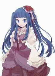 Rule 34 | 1girl, bakara (19083210), blue eyes, blue hair, bow, breasts, choker, closed mouth, commentary request, corset, cowboy shot, flower, furudo erika, hat, hat flower, juliet sleeves, long hair, long sleeves, pink bow, pink corset, pink hat, pink skirt, puffy sleeves, red flower, red ribbon, red rose, ribbon, rose, shirt, short bangs, sidelocks, simple background, skirt, sleeves past wrists, small breasts, smile, solo, twintails, umineko no naku koro ni, white background, white choker, white ribbon, white shirt, wide sleeves