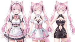 1girl animal_ears antenna_hair aqua_bow bare_shoulders belt black_belt black_dress black_ribbon blush bow bowtie breasts cleavage closed_mouth dress hair_ribbon hakui_koyori hakui_koyori_(5th_costume) heart heart_o-ring hololive key large_breasts long_hair looking_at_viewer maid maid_headdress momoko_(momopoco) navel o-ring o-ring_thigh_strap one_eye_closed open_mouth pink_bow pink_bowtie pink_dress pink_eyes pink_hair ribbon second-party_source short_sleeves simple_background smile solo_focus tail thigh_strap thighs twintails underbust virtual_youtuber white_background wolf_ears wolf_girl wolf_tail wrist_belt