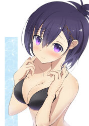 Rule 34 | 1girl, bare arms, bare shoulders, bikini, bikini top only, black bikini, blush, breasts, closed mouth, collarbone, dot mouth, feet out of frame, female focus, gabriel dropout, hair ornament, hairclip, highres, looking at viewer, medium breasts, medium hair, purple eyes, purple hair, small breasts, solo, standing, swimsuit, upper body, vignette tsukinose april