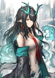 1girl absurdres aqua_coat aqua_hair arknights black_coat black_hair breasts closed_mouth coat commentary cowboy_shot dragon_girl dress dusk_(arknights) earrings eastern_dragon_horns eastern_dragon_tail expressionless eyeliner fire flame-tipped_tail from_side hair_over_one_eye highres jewelry long_hair looking_at_viewer makeup medium_breasts multicolored_coat multicolored_hair necktie off_shoulder open_clothes open_coat pointy_ears red_eyeliner red_eyes red_necktie sakutein_oekaki sidelocks sleeveless sleeveless_dress slit_pupils solo standing streaked_hair tail tassel tassel_earrings twitter_username two-tone_coat two-tone_hair wavy_hair white_dress