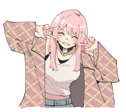 1girl absurdres bang_dream! bang_dream!_it&#039;s_mygo!!!!! black_choker breasts brown_jacket chihaya_anon choker clenched_teeth closed_eyes commentary double_v english_commentary highres jacket long_hair masruu medium_breasts open_mouth pink_hair plaid_clothes plaid_jacket simple_background solo tank_top teeth v white_background white_tank_top