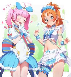 +++ 2girls absurdres ahoge aozora_himari back_bow bead_bracelet beads blue_bow blue_choker blue_eyes blue_skirt blue_wrist_cuffs blush bow bow_choker bow_skirt bracelet breasts choker closed_eyes closed_mouth commentary_request cosplay covered_navel crop_top crossover flying_sweatdrops frilled_leotard frilled_shirt frilled_skirt frilled_thigh_strap frilled_wrist_cuffs frills gloves hair_bow hair_ornament heart heart_hair_ornament highleg highleg_leotard highres himitsu_no_aipri jewelry leotard medium_hair midriff mujin_(mujinzairaisen) multiple_girls navel open_mouth orange_hair own_hands_together parted_bangs pink_bow pink_hair pretty_series princess_ripple princess_ripple_(cosplay) princession_orchestra puffy_short_sleeves puffy_sleeves red_bow shirt short_sleeves showgirl_skirt skirt small_breasts smile sorano_minamo striped_bow summer_maid_coord sweat teeth thigh_strap twintails two-tone_skirt upper_teeth_only white_bow white_gloves white_leotard white_shirt white_skirt wrist_cuffs yellow_bow