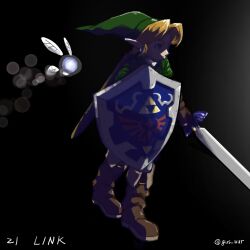 1boy black_background blonde_hair boots ear_piercing fairy full_body gus_uur hat holding holding_shield holding_sword holding_weapon hylian_shield link master_sword navi nintendo piercing pointy_ears shield solo sword the_legend_of_zelda the_legend_of_zelda:_ocarina_of_time tunic walking weapon