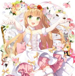 1girl :d animal animal_ears blonde_hair blunt_bangs cat_ears dress elbow_gloves fake_animal_ears flower gloves green_eyes hair_flower hair_ornament lina_princella long_hair off-shoulder_dress off_shoulder open_mouth petals salt_(salty) smile uchi_no_hime-sama_ga_ichiban_kawaii very_long_hair wedding_dress white_gloves