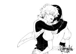 2girls absurdres alien_stage chinese_commentary commentary crying greyscale highres hug jiaoshui98161 long_sleeves mizi_(alien_stage) monochrome multiple_girls open_mouth puffy_sleeves sample_watermark short_hair sua_(alien_stage) very_short_hair vest watermark