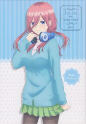 1girl absurdres arm_up black_pantyhose blue_eyes blue_sweater blush breasts brown_hair collared_shirt dot_nose english_text female_focus fingernails go-toubun_no_hanayome green_skirt hair_between_eyes hair_over_one_eye headphones headphones_around_neck highres large_breasts legs long_fingernails long_hair looking_at_viewer miniskirt nakano_miku official_art pantyhose pleated_skirt school_uniform shirt shirt_under_sweater skirt smile solo solo_focus sweater thighs white_shirt