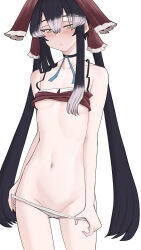 1girl black_choker black_hair blush bow breasts choker closed_mouth cookie_(touhou) cowboy_shot expressionless frilled_bow frilled_hair_tubes frills grey_hair hair_bow hair_tubes hakurei_reimu highres long_hair looking_at_viewer lowleg lowleg_panties multicolored_hair navel panties panty_pull pyukasshori red_bow red_tank_top sidelocks simple_background small_breasts solo tank_top touhou twintails two-tone_hair underboob underwear undressing very_long_hair white_background white_panties yellow_eyes yuyusu_(cookie)