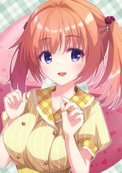 1girl :d absurdres blush breasts buttons cafe_stella_to_shinigami_no_chou colored_eyelashes commentary_request donut double-breasted eyelashes eyes_visible_through_hair fingernails flower food green_background hair_between_eyes hair_flower hair_intakes hair_ornament hands_up happy heart highres large_breasts long_hair looking_at_viewer miz_awa official_alternate_costume open_mouth orange_hair outline pink_background puffy_short_sleeves puffy_sleeves purple_eyes red_flower red_rose rose shirt short_sleeves simple_background smile solo sumizome_nozomi twintails two-tone_background upper_body waitress white_outline yellow_shirt