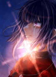 1boy absurdres bad_tag close-up closed_mouth crying crying_with_eyes_open highres male_focus pink_eyes purple_background purple_hair red_shirt shirt solo solo_focus sun sunlight tears the_hundred_line_-last_defense_academy- tsukumo_ima