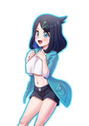 1girl :d alternate_breast_size aqua_eyes black_hair black_shorts breasts commentary_request cowlick cropped_shirt els_(ljhlee12) hair_ornament hairclip hands_up happy highres jacket knees korean_commentary liko_(pokemon) medium_hair navel nintendo open_clothes open_jacket open_mouth outline pokemon pokemon_(anime) pokemon_horizons shirt shorts smile solo tongue white_background white_shirt