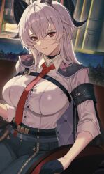 Rule 34 | 1girl, armband, black armband, black choker, black gloves, black horns, black jacket, black pants, breasts, button gap, chest harness, choker, closed mouth, collared shirt, curled horns, gloves, grey hair, hair between eyes, harness, high-waist pants, horns, jacket, jacket on shoulders, large breasts, long hair, looking at viewer, molyb, necktie, pants, red eyes, red necktie, shirt, shirt tucked in, sitting, solo, unfinished, wuthering waves, zani (wuthering waves)
