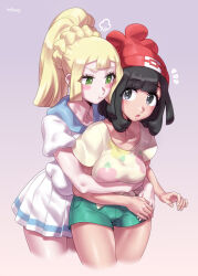 2girls :o beanie black_eyes black_hair blonde_hair blush_stickers braid breasts collarbone commentary_request cropped_legs dress eye_contact green_eyes hat highres hug hug_from_behind light_blush lillie_(pokemon) long_hair looking_at_another medium_breasts medium_hair mizuumi_(bb) multiple_girls nintendo pink_background pokemon pokemon_sm ponytail pout selene_(pokemon) shirt shorts simple_background skirt t-shirt yuri