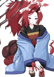 1girl absurdres alternate_costume black_kimono blue_archive blue_haori blush dragon_girl dragon_tail forehead haori highres horns japanese_clothes kimono long_hair looking_at_viewer obi open_mouth ponytail red_eyes red_hair red_sash renge_(blue_archive) sandals sash sidelocks single_horn solo squatting tail toes wagonuts