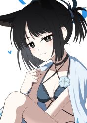 1girl absurdres amtkmituki animal_ears bikini black_eyes blue_archive blue_halo cat_ears cat_girl criss-cross_halter criss-cross_straps halo halterneck highres kikyou_(blue_archive) kikyou_(swimsuit)_(blue_archive) layered_bikini official_alternate_costume simple_background smile solo swimsuit white_background