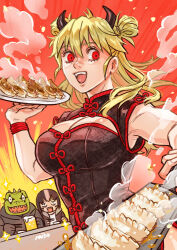 13_(dorohedoro) 1girl 2boys alcohol animal_head artist_name beer_mug black_jacket blonde_hair blush breasts caiman_(dorohedoro) china_dress chinese_clothes cleavage cleavage_cutout clothing_cutout colored_skin commentary cup demon_girl demon_horns dorohedoro double_bun dress dumpling food green_skin hair_bun holding holding_plate horns jacket jiaozi long_hair medium_breasts miso-234 mug multiple_boys nikaidou_(dorohedoro) open_mouth plate red_eyes sharp_teeth sleeveless sleeveless_dress smile teeth upper_teeth_only