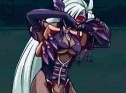 00s 2girls android animated animated_gif armor aschen_brodel attack banpresto breasts cleavage crossover cyborg dark-skinned_female dark_skin female_focus helmet large_breasts long_hair lowres multiple_girls namco silver_hair smile solo_focus super_robot_wars super_robot_wars_og_saga_mugen_no_frontier super_robot_wars_og_saga_mugen_no_frontier_exceed t-elos undressing xenosaga