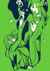 1boy air_bubble breasts bubble falling formal_clothes full_body green_hair green_necktie green_suit green_theme green_water legs_up lobotomy_corporation medium_breasts medu_(rubish) monochrome necktie netzach_(project_moon) outstretched_arm partially_colored project_moon reaching sinking solo suit water