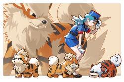 1girl adjusting_clothes adjusting_headwear arcanine b2b_beetoboo blue_hair blue_hat blue_jacket blue_skirt gen_1_pokemon gloves growlithe hat highres hisuian_growlithe jacket jenny_(pokemon) looking_at_viewer nintendo orange_fur pokemon pokemon_(creature) short_sleeves skirt two-tone_fur white_fur white_gloves