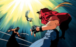 1990s_(style) blonde_hair denim dynamic_pose fatal_fury fighting fighting_stance high_contrast jacket jeans jewelry joe_higashi martial_arts oobari_masami pants perspective retro_artstyle ring terry_bogard the_king_of_fighters