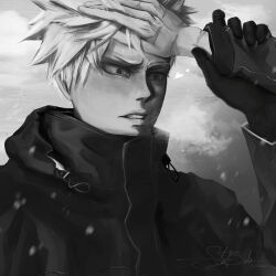 2boys alternate_costume bakugou_katsuki bel_(slbelen_) black_gloves blush boku_no_hero_academia breath cold commentary english_commentary gloves greyscale hand_on_another&#039;s_forehead heart highres lips male_focus midoriya_izuku monochrome multiple_boys multiple_scars nose scar scar_on_hand short_hair snowing solo_focus