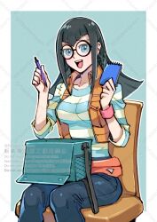 1girl :d black_hair blue_eyes border carly_nagisa chair glasses holding holding_notepad holding_pen izapara long_hair looking_at_viewer notepad on_chair open_mouth outline outside_border pants pen round_eyewear shirt sitting smile solo striped_clothes striped_shirt teeth three-quarter_sleeves twitter_username upper_teeth_only white_border white_outline yu-gi-oh! yu-gi-oh!_5d&#039;s