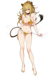 1girl absurdres alternate_costume animal_ears arknights barefoot bikini blonde_hair breasts cleavage closed_mouth collarbone commentary_request feet full_body gluteal_fold golden_week golden_week_bikini hair_between_eyes highres large_breasts lion_ears lion_girl lion_tail long_hair looking_at_viewer navel sample_watermark shio_sakana side-tie_bikini_bottom siege_(arknights) simple_background solo standing swimsuit tail tail_raised toenails toes watermark white_background yellow_bikini yellow_eyes