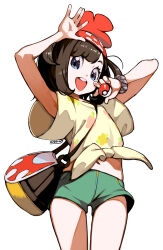 1girl :d absurdres bag beanie blue_eyes bracelet brown_hair clip_studio_paint_(medium) commentary_request eudetenis eyelashes green_shorts hands_up hat highres holding holding_poke_ball jewelry medium_hair nintendo open_mouth poke_ball poke_ball_(basic) pokemon pokemon_sm red_hat selene_(pokemon) shirt short_sleeves shorts shoulder_bag simple_background smile solo teeth tied_shirt upper_teeth_only white_background yellow_shirt