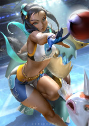 1girl alternate_skin_color bike_shorts bikini breasts creatures_(company) dark-skinned_female dark_skin drednaw earrings female_focus game_freak gen_1_pokemon gen_8_pokemon gloves goldeen gym_leader hair_bun hoop_earrings jewelry midriff navel necklace nessa_(pokemon) nintendo poke_ball pokemon pokemon_(creature) pokemon_swsh shorts single_hair_bun solo sportswear stadium swimsuit tankini thighs zumi_(zumidraws)