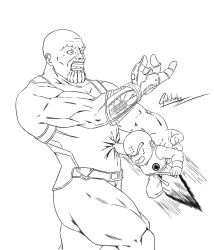2boys avengers:_endgame avengers:_infinity_war avengers_(series) bald bald_male black_hair crossover death dragon_ball height_difference infinity_gauntlet kill kuririn marvel marvel_cinematic_universe multiple_boys muscular muscular_male punching smug surprised thanos
