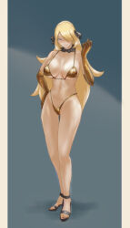 1girl absurdres bikini black_nails blonde_hair breasts breasts_apart curvy cynthia_(pokemon) elbow_gloves full_body fur_collar gloves gold_bikini gold_gloves grey_eyes hair_ornament hair_over_one_eye hand_on_own_hip hand_up hertha highres large_breasts long_hair looking_at_viewer micro_bikini navel nintendo pillarboxed pokemon pokemon_dppt sandals solo standing stomach swimsuit thighs very_long_hair