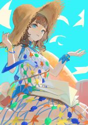 1girl absurdres blue_bow blue_eyes blue_shorts blue_sky book book_on_lap bow bracelet brown_hair brown_hat ddul_(hauluimubingoj1) feet_out_of_frame fishnet_dress flying_paper from_side hand_up hat highres jewelry marcus_(on_the_white_sand)_(reverse:1999) marcus_(reverse:1999) multicolored_hair official_alternate_costume open_book paper parted_lips reverse:1999 seiza shell shorts sitting sky solo starfish strapless straw_hat tube_top white_tube_top wrist_bow
