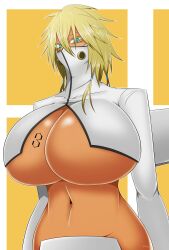 1girl axel_persona bleach blonde_hair breast_tattoo breasts colored_eyelashes cropped_jacket dark-skinned_female dark_skin espada female_focus green_eyes highres large_breasts mask medium_hair number_tattoo tattoo tier_harribel underboob weapon