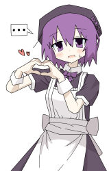 ... 1girl absurdres alternate_costume apron beret black_dress black_hat blush blush_stickers bow bowtie breasts collared_dress commentary_request cowboy_shot d: dress enmaided hair_between_eyes hat head_tilt heart heart_hands highres looking_at_viewer maid maid_apron migamo open_mouth purple_bow purple_bowtie purple_eyes purple_hair sash short_hair short_sleeves simple_background small_breasts solo spoken_ellipsis standing sweatdrop utane_uta utau waist_sash white_apron white_background wrist_cuffs