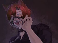 Rule 34 | 1boy, alternate costume, bishounen, black hair, black nails, black shirt, blush, chain, chain leash, collar, commentary, dark background, eyelashes, fangs, fingernails, glowing, glowing eyes, hair between eyes, hand up, highres, holostars, holostars english, leash, long fingernails, looking at viewer, machina x flayon, male focus, meonekico, multicolored hair, muzzle (mask), open mouth, red hair, saliva, sharp teeth, shirt, short hair, side part, slit pupils, smile, solo, symbol-only commentary, teeth, tongue, tongue out, virtual youtuber, yellow eyes