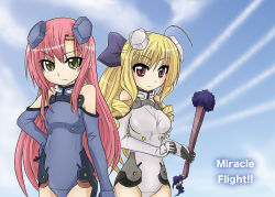 Rule 34 | &gt;:|, 2girls, :|, ahoge, bare shoulders, bell, blonde hair, blue gloves, bow, closed mouth, cloud, contrail, cosplay, cowboy shot, day, drill hair, elbow gloves, english text, gloves, green eyes, hair bow, hair ornament, hairclip, halterneck, hayate no gotoku!, headgear, high ponytail, holding, ichijou eika, ichijou eika (cosplay), itou shizuka, jingle bell, katsura hinagiku, kawasumi ayako, leotard, long hair, looking at viewer, mecha pilot suit, motion slit, multiple girls, outdoors, parody, pilot suit, pink hair, ponytail, red eyes, sakurano otoha, sakurano otoha (cosplay), sidelocks, sky, sky girls, tennousu athena, tokidome zamao, turtleneck, twin drills, v-shaped eyebrows, very long hair, voice actor connection, white gloves