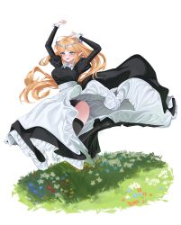 1girl alternate_costume arms_up black_shoes black_thighhighs blonde_hair blue_eyes blush bow bowtie breasts cartethyia_(wuthering_waves) commentary crown_of_thorns dress earrings enmaided full_body highres jewelry large_breasts long_dress long_hair long_sleeves maid multiple_earrings panties panty_peek parted_bangs pointy_ears shoes sidelocks simple_background smile solo starblue symbol-only_commentary thighhighs thighs underwear white_background white_bow white_bowtie white_wrist_cuffs wrist_cuffs wuthering_waves