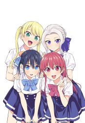 4girls absurdres black_hair black_pantyhose black_thighhighs blonde_hair blue_bow blue_bowtie blue_eyes blue_ribbon blue_skirt blush bow bowtie breasts button_up_skirt buttons collarbone dot_nose fangs female_focus green_eyes grey_hair hair_bow hair_bun hair_ribbon highres hiroyuki hoshizaki_rika_(kanojo_mo_kanojo) kanojo_mo_kanojo kiryuu_shino kneehighs long_hair looking_at_viewer medium_breasts minase_nagisa miniskirt multiple_girls official_art open_mouth orange_bow orange_bowtie pantyhose peace peace_symbol pleated_skirt purple_bow purple_bowtie purple_eyes purple_ribbon red_bow red_bowtie red_eyes red_hair ribbon saki_saki_(kanojo_mo_kanojo) school_uniform shirt shirt_tucked_in short_hair short_sleeves side_ponytail simple_background single_hair_bun skirt small_breasts smile socks teeth thighhighs twintails upper_teeth_only white_background white_shirt zettai_ryouiki