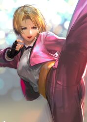 Rule 34 | 1girl, blonde hair, blue eyes, bow, bowtie, breasts, earrings, female focus, flexible, formal clothes, gloves, gymnastics, jacket, jewelry, king (snk), large breasts, leather, leather gloves, leg up, nao3art, pants, shirt, short hair, suit, the king of fighters, thighs, tuxedo, white shirt, wide hips