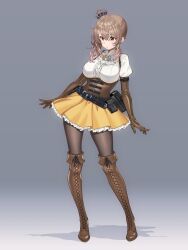 Rule 34 | 1girl, belt, boots, elbow gloves, gloves, grey background, high heel boots, high heels, highres, original, pantyhose, shadow, shiratsu yuni, shirt, skirt, white shirt, yellow skirt